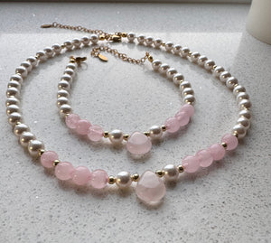 Rosé Aura Necklace & Bracelet Set – Rose Quartz & Crystal Pearls