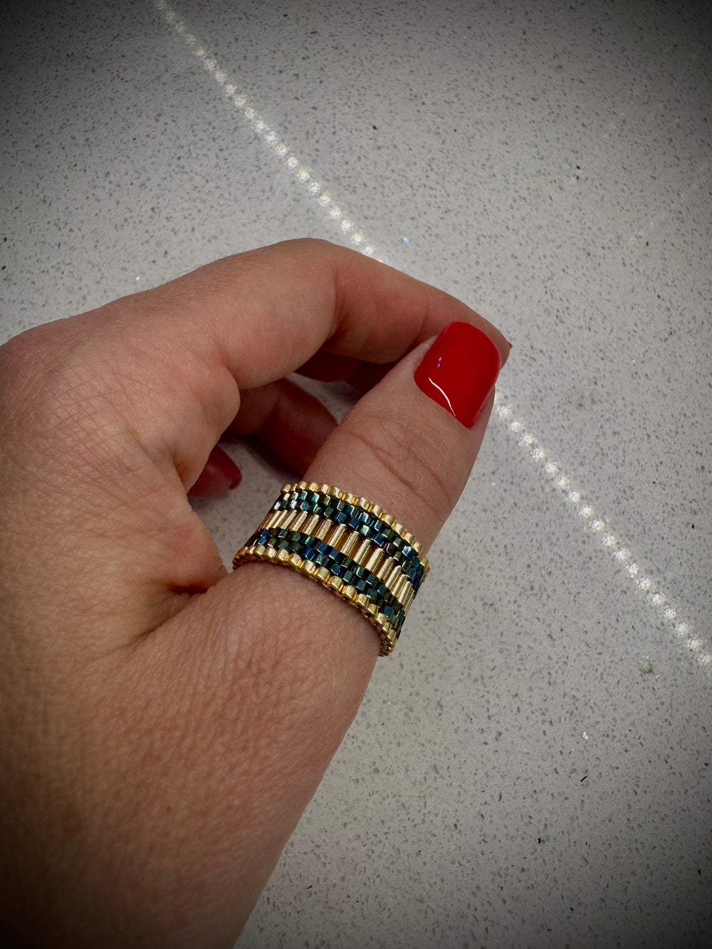 Midnight Emerald Luxe Ring – Gold & Iridescent Miyuki Statement Band