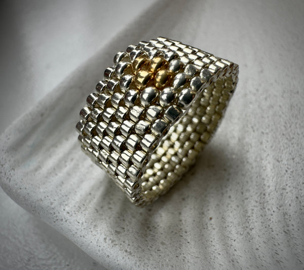 Golden Core Ring

Handwoven Silver & Gold Miyuki Beaded Statement Ring