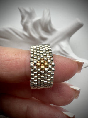 Golden Core Ring

Handwoven Silver & Gold Miyuki Beaded Statement Ring