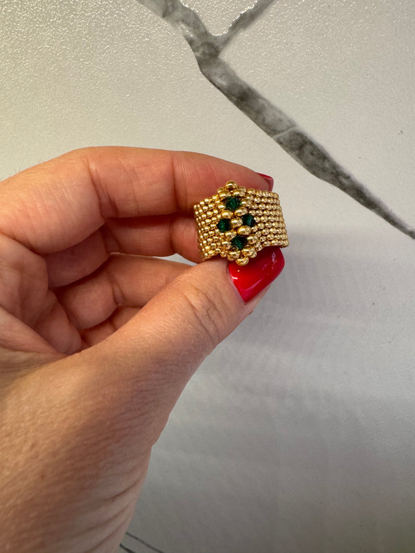 Emerald Crown Luxe Ring – Gold Miyuki & Austrian Crystal Statement Ring