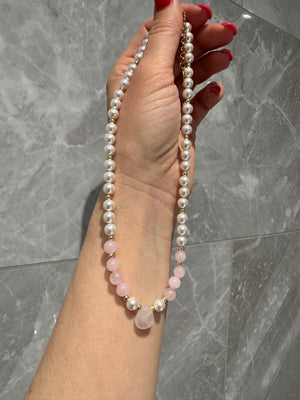 Rosé Aura Necklace & Bracelet Set – Rose Quartz & Crystal Pearls