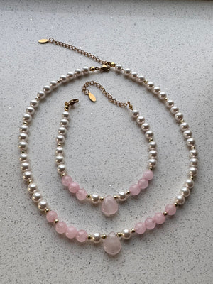 Rosé Aura Necklace & Bracelet Set – Rose Quartz & Crystal Pearls