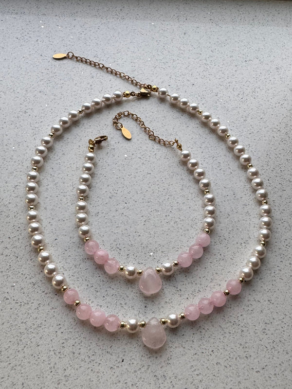 Rosé Aura Necklace & Bracelet Set – Rose Quartz & Crystal Pearls