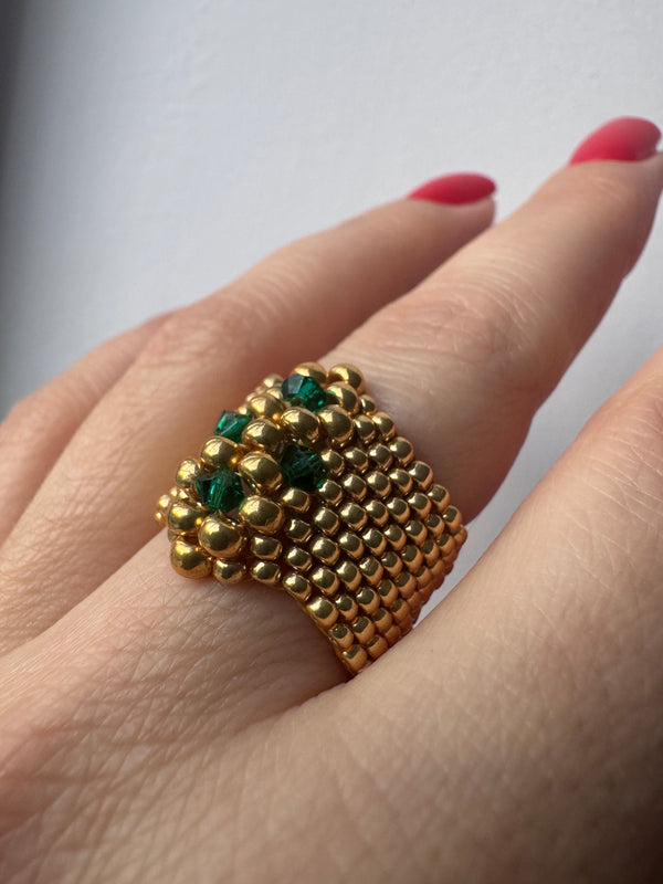 Emerald Crown Luxe Ring – Gold Miyuki & Austrian Crystal Statement Ring