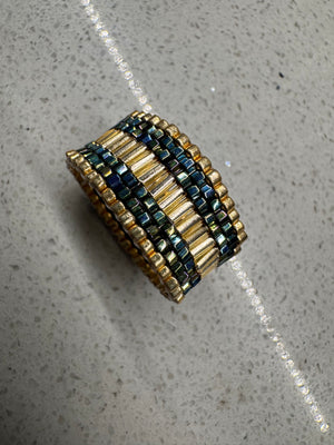 Midnight Emerald Luxe Ring – Gold & Iridescent Miyuki Statement Band
