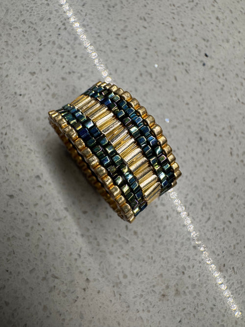 Midnight Emerald Luxe Ring – Gold & Iridescent Miyuki Statement Band