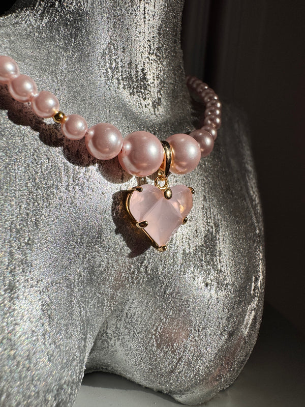 Rosé Amour Choker – Pink Pearl & Heart Pendant Gold Plated Handmade Jewellery