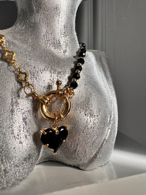 Noir Étoile Jewellery Set – Black Crystal Heart Necklace, Bracelet & Earrings | Luxury Gold-Plated Handmade Jewellery