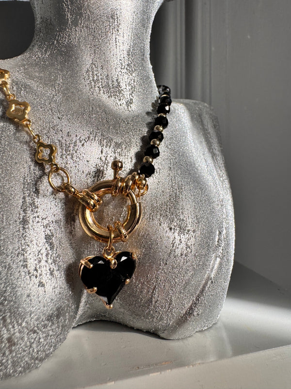 Noir Étoile Jewellery Set – Black Crystal Heart Necklace, Bracelet & Earrings | Luxury Gold-Plated Handmade Jewellery