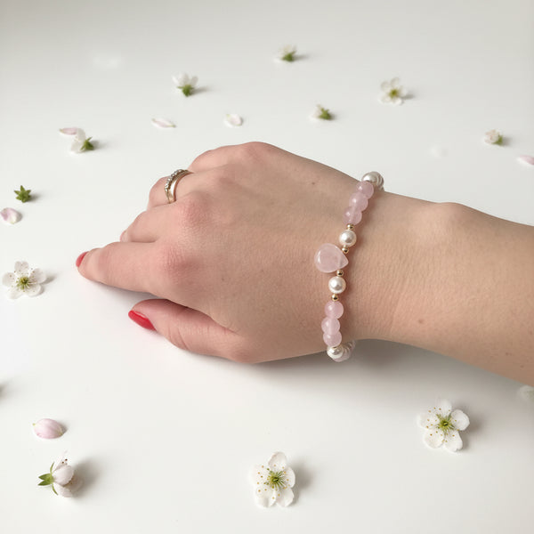 Rosé Aura Necklace & Bracelet Set – Rose Quartz & Crystal Pearls