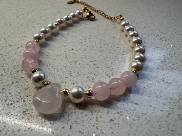 Rosé Aura Necklace & Bracelet Set – Rose Quartz & Crystal Pearls