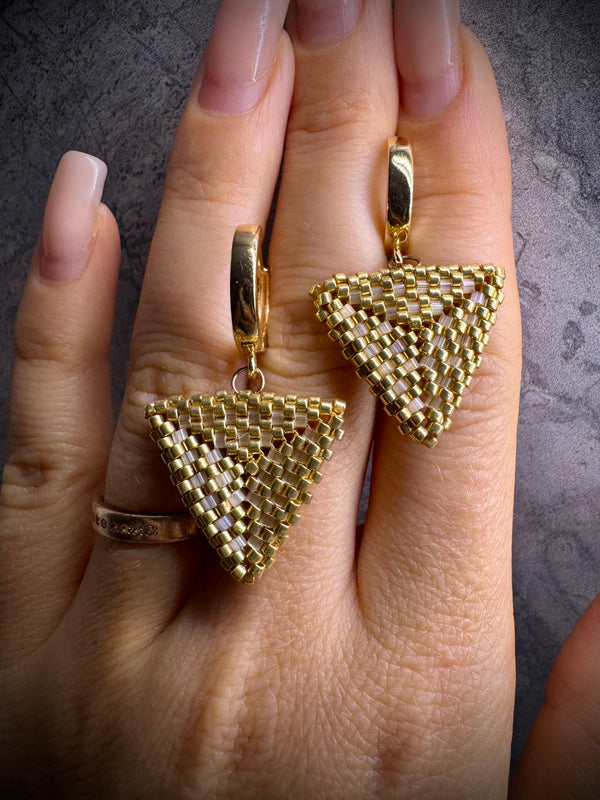 Gold beaded geometric triangle earrings with French closing fitting
