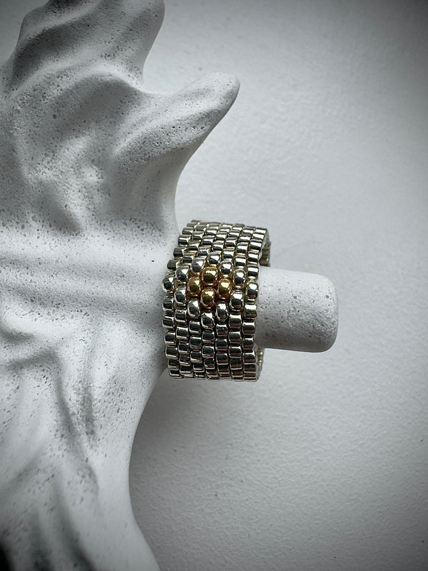 Golden Core Ring

Handwoven Silver & Gold Miyuki Beaded Statement Ring