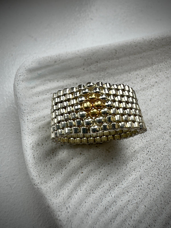 Golden Core Ring

Handwoven Silver & Gold Miyuki Beaded Statement Ring