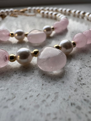 Rosé Aura Necklace & Bracelet Set – Rose Quartz & Crystal Pearls