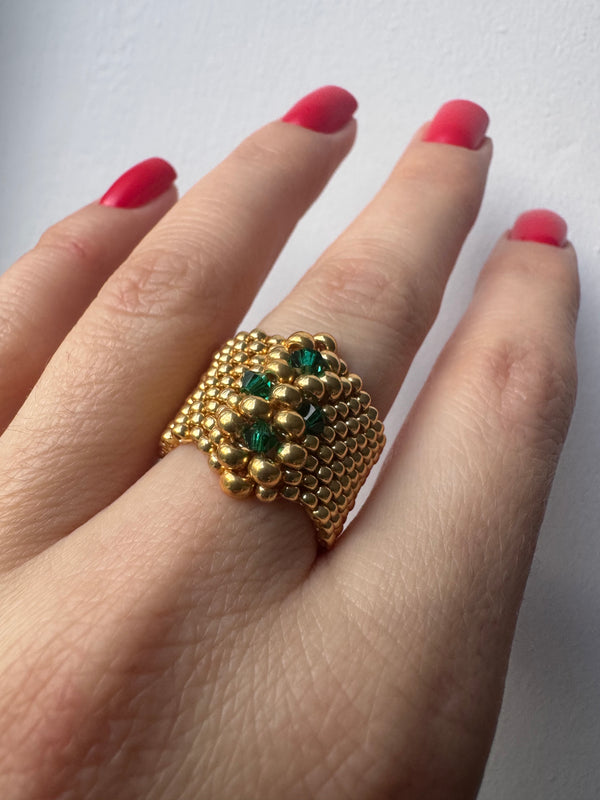 Emerald Crown Luxe Ring – Gold Miyuki & Austrian Crystal Statement Ring