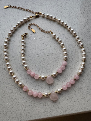 Rosé Aura Necklace & Bracelet Set – Rose Quartz & Crystal Pearls