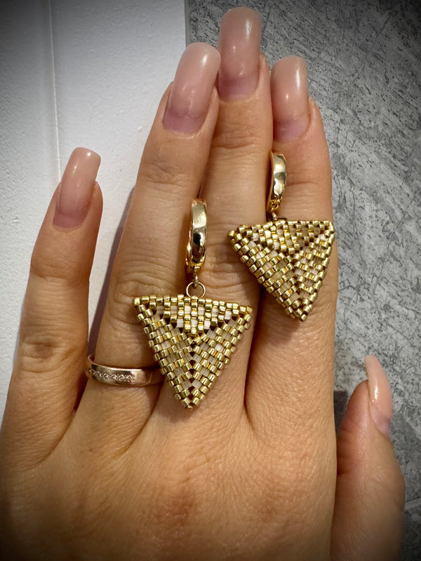 Gold Beaded Triangle Earrings & Necklace Set | Handmade Jewellery