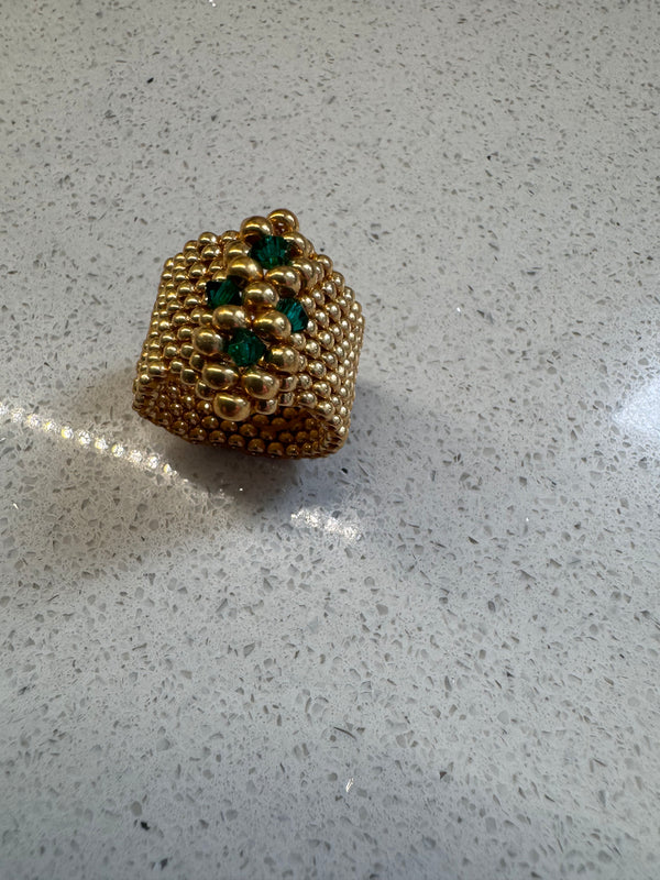 Emerald Crown Luxe Ring – Gold Miyuki & Austrian Crystal Statement Ring