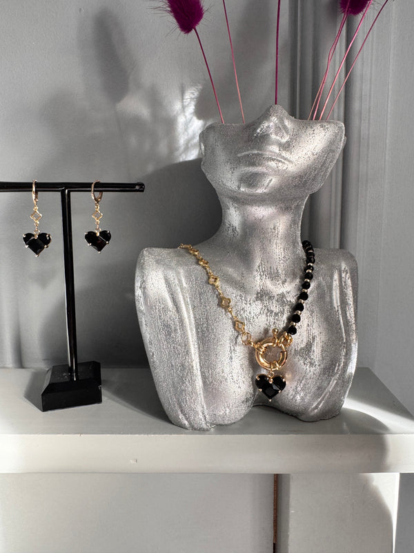 Noir Étoile Jewellery Set – Black Crystal Heart Necklace, Bracelet & Earrings | Luxury Gold-Plated Handmade Jewellery